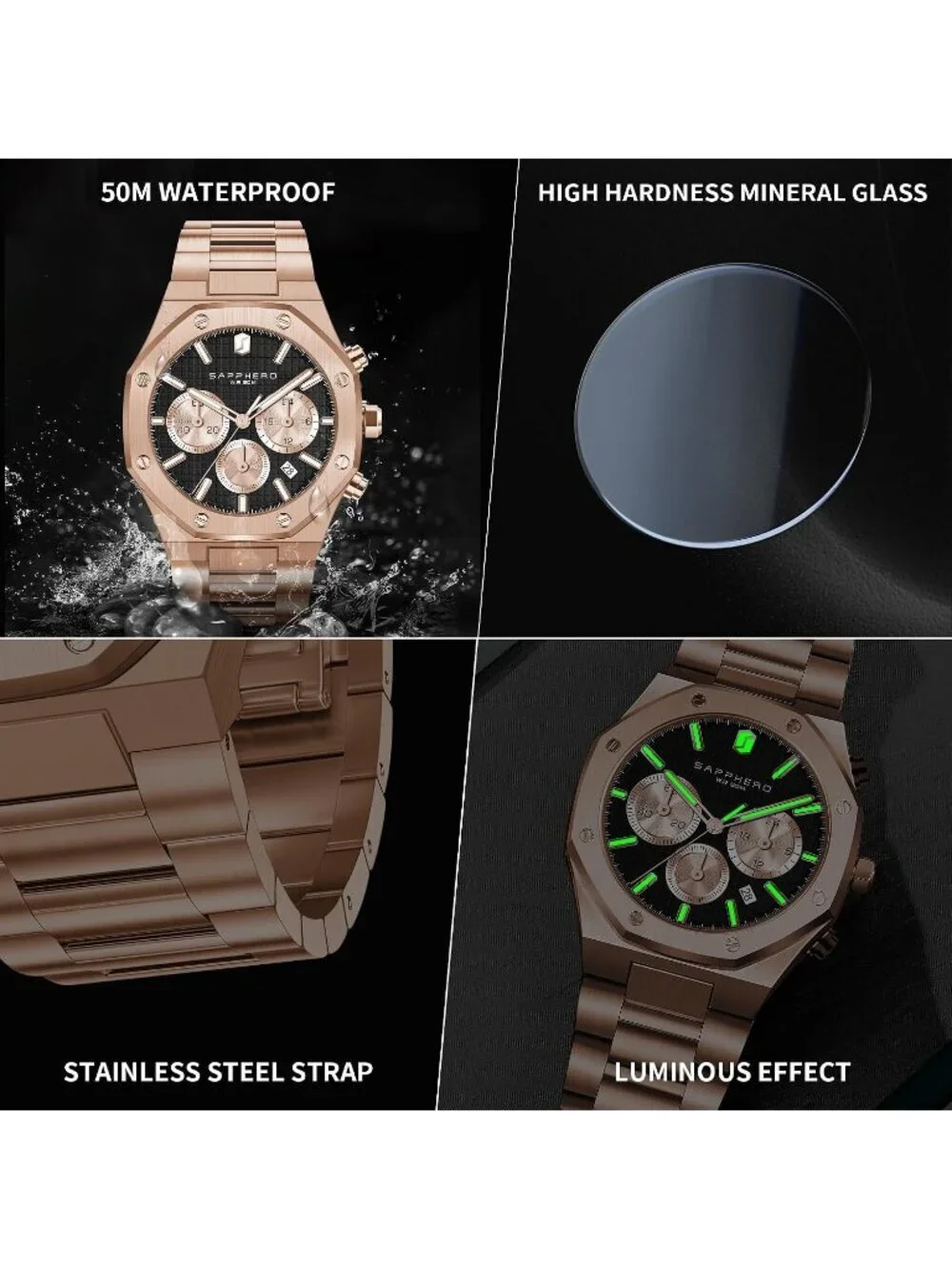 Men's Rose Black Chronograph Quartz Movement Stainless Steel Luxury Wrist Watch